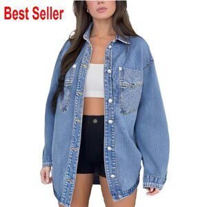 Classic Denim Jacket Women's Cotton Blend Utility Pocket Chic Casual Layering